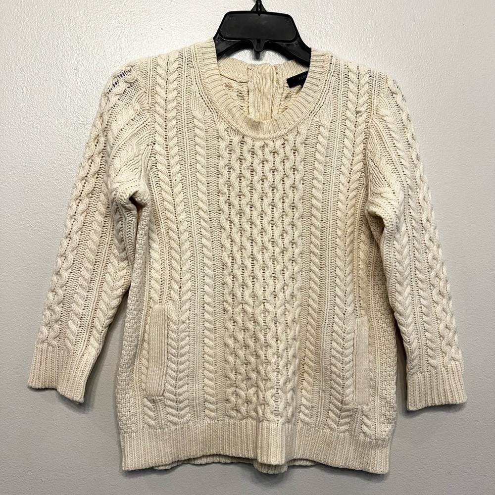 J. Crew Womens Cream Wool Oversized Fisherman Neutral Crewneck Sweater Size XS